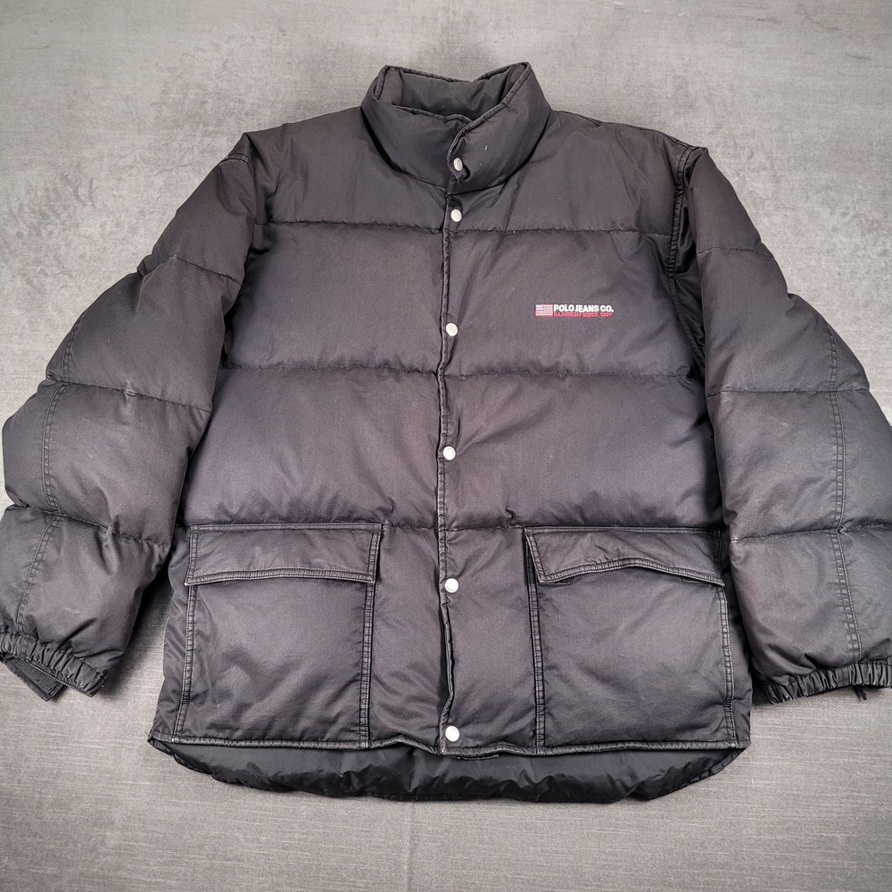 Polo Jeans Co Ralph Lauren Down Puffer Jacket Full Zip Winter Coat Black Large